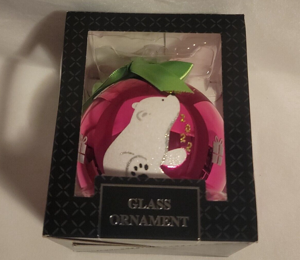 Polar Bear Glass Christmas Tree Ornament 2022 Pink